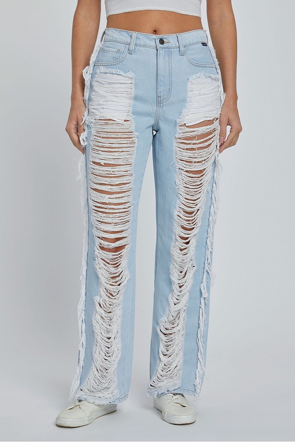 High Rise All Over Distress Wide Leg Jeans